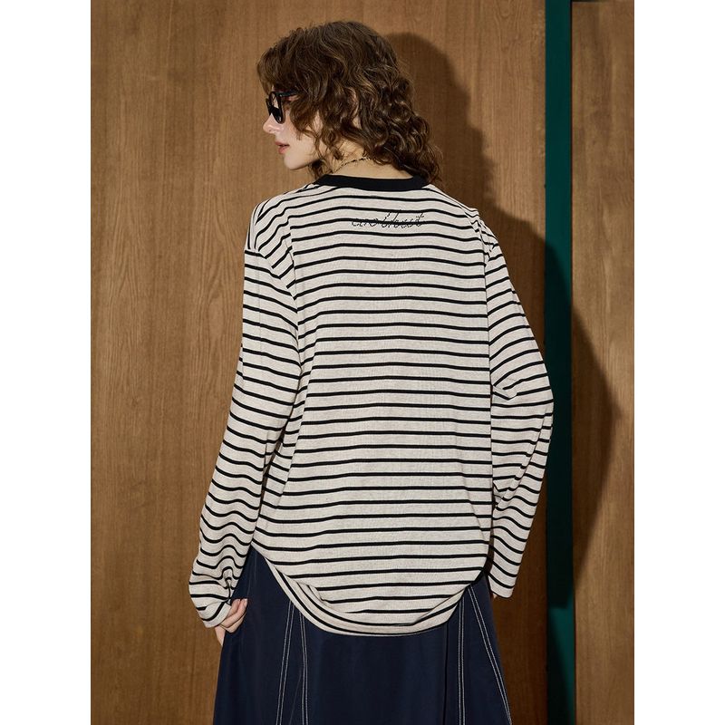 Coolhut2025 Autum Women's Round Neck Stripesd Contrasting Color Loose and Versatile Simple Long-Sleeved T-Shirt