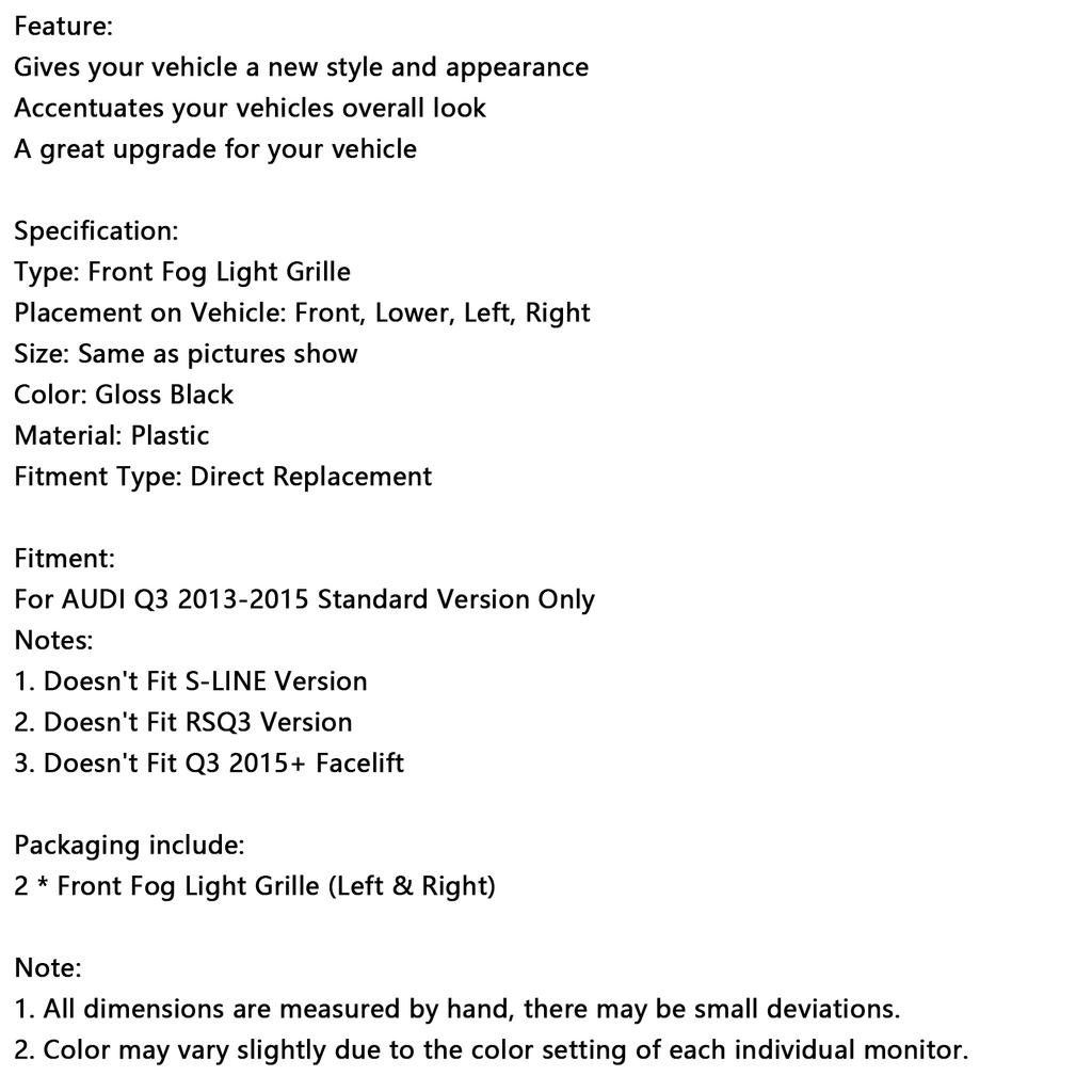 RSQ3 Style Honeycomb Front Fog Light Covers Fit Q3 2013-2015 Gloss Black