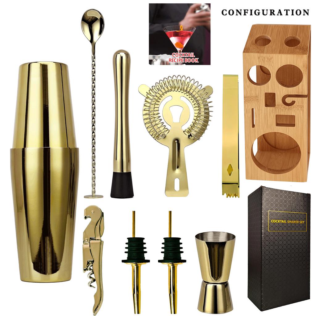 Rose Gold Stainless Steel Trapezoidal Bamboo Frame Mixer Set Bar Mixer Tool 10-Piece Cocktail Mixer Cup