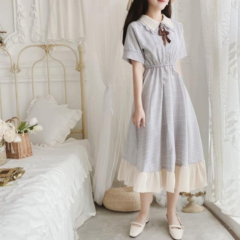 Girls' Fashionable Dress for Summer, Children's Doll-necked Pleated Checkered Chiffon Dress