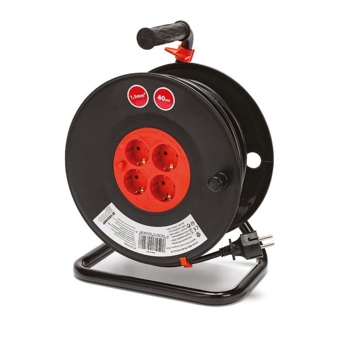 Enrouleur de câble électrique - Velamp - 4 prises Schuko - 40m - Interrupteur thermique - Sécurité enfants