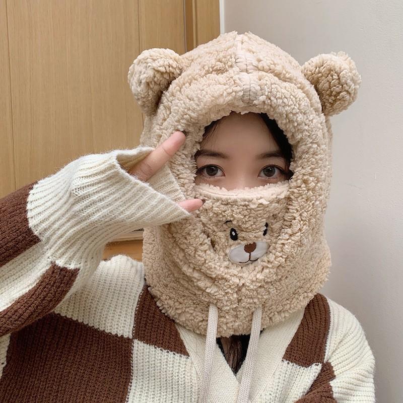 Bear mask four-piece hat winter women's hat scarf ear protection plush knitted hat big head circumference versatile thermal hat