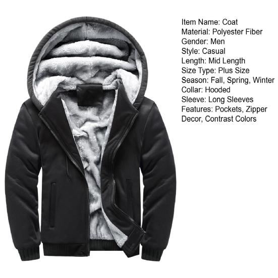 Herren Herbst Winter Hoodie Dickes Fleece gefüttert Kapuze Langärmlig Oberbekleidung mit großen Taschen Kontrastfarbe Elastische Bündchen Kordelzug