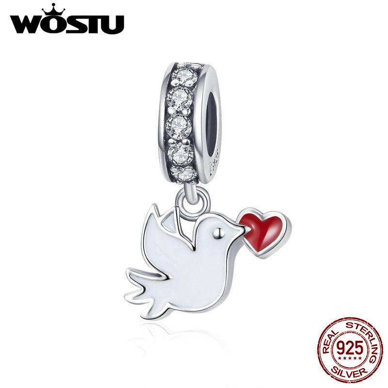 

WOSTU любовное письмо голубь висячие подвески из стерлингового серебра 925 пробы бусины в форме сердца подходят к оригинальному браслету-подвеске HCC2227