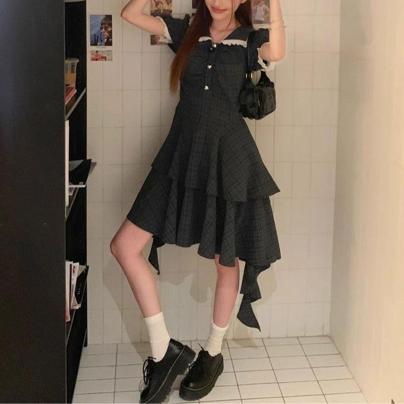 Coffee Break French Doll Collar Plaid Dress Women Summer Irregular Sweet Spicy Waist-tightening Tailing Cake Skirt