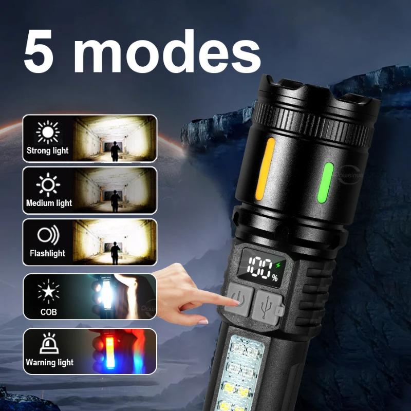 High Power LED Flashlight With COB Lights Portable EDC White Laser Torch USB Rechargeable Outdoor Camping Fishing Lantern