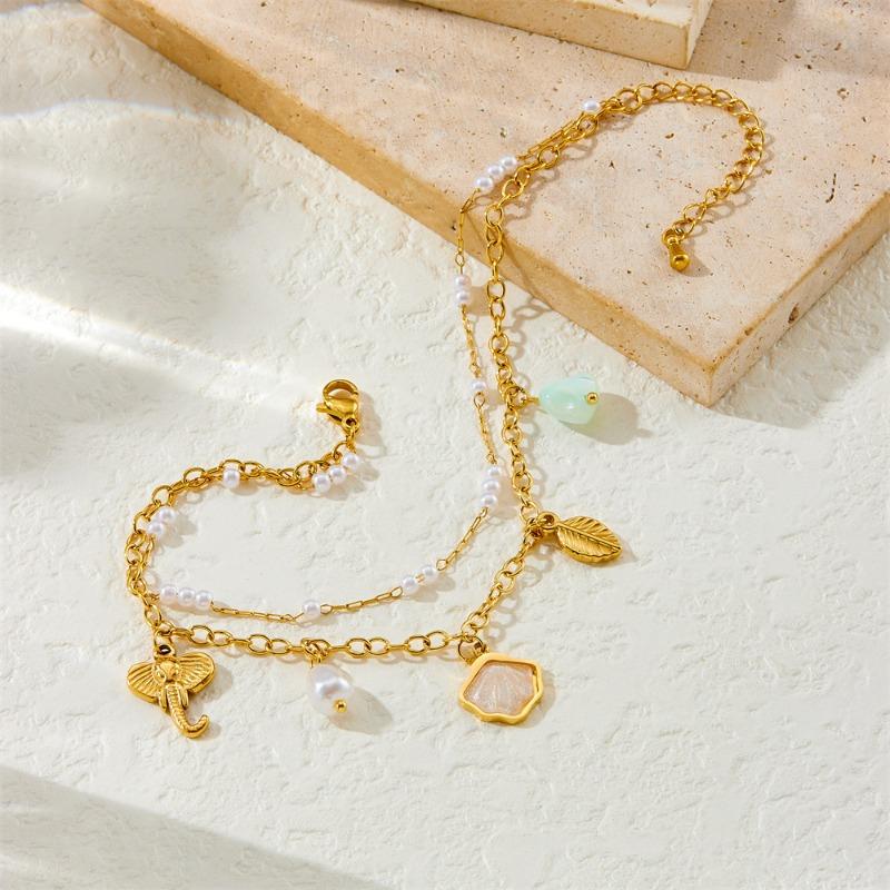 Gold Double-layer Elephant and Leaf Charm Anklet with Pearls