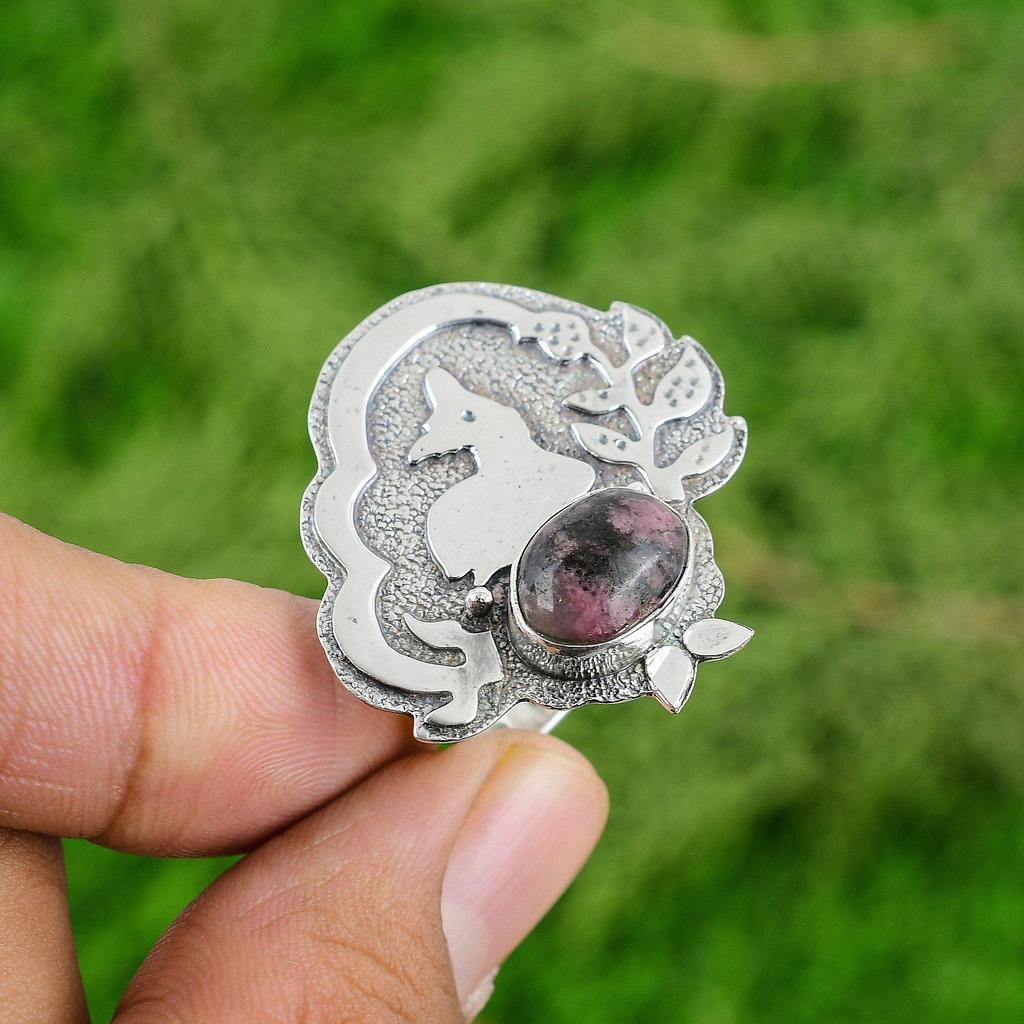 Mothers day Deal 925 Silver Oval Natural Rhodonite Wife Stackable Statement Ring