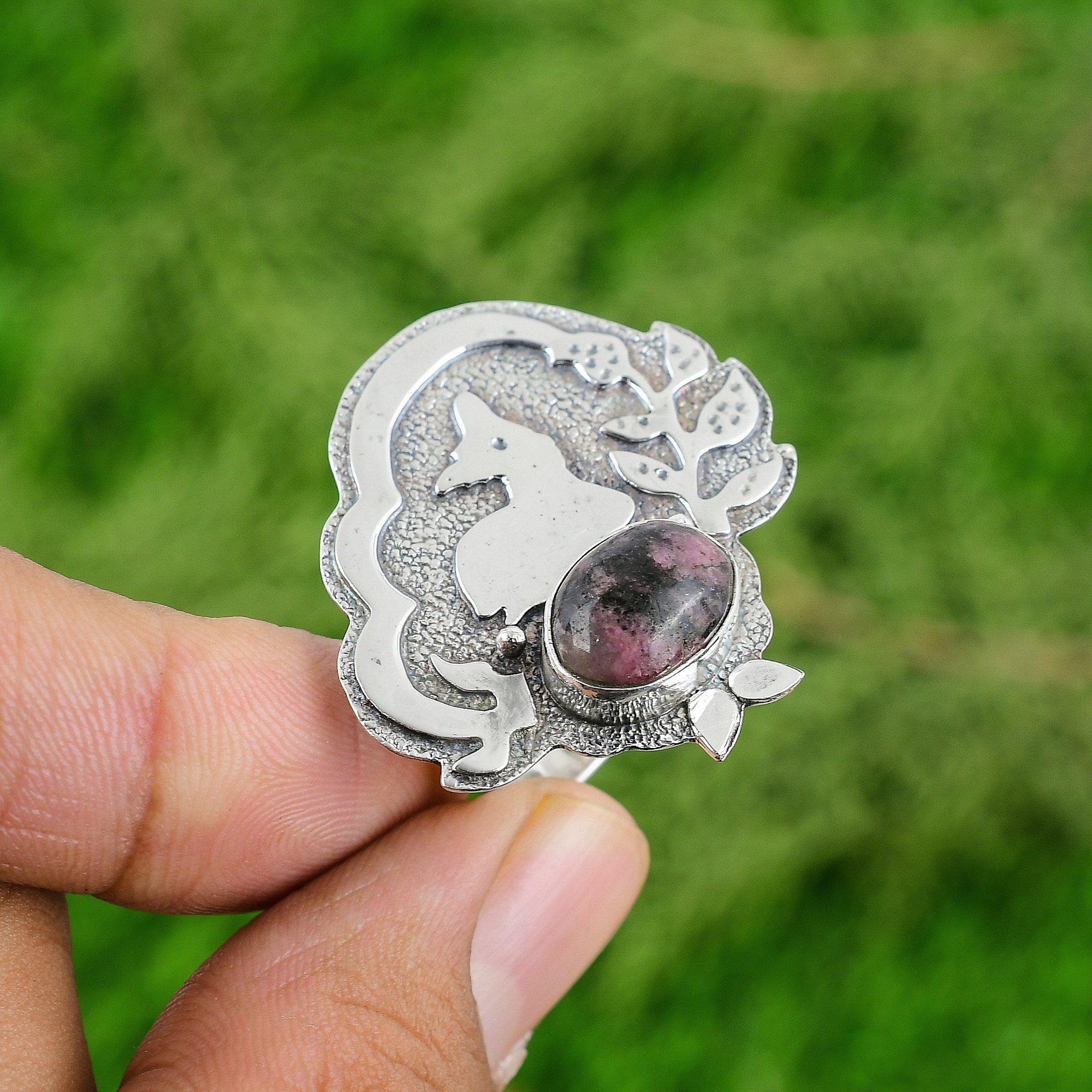 

День матери Сделка Серебро 925 пробы Овальный Натуральный Родонит Жена Штабелируемое Кольцо-заявление Adjustable