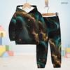 Kids Boys Girls Hooded Long Sleeve Teal Black Gold Printed Sweatshirt Cuffed Pants Two Piece Set