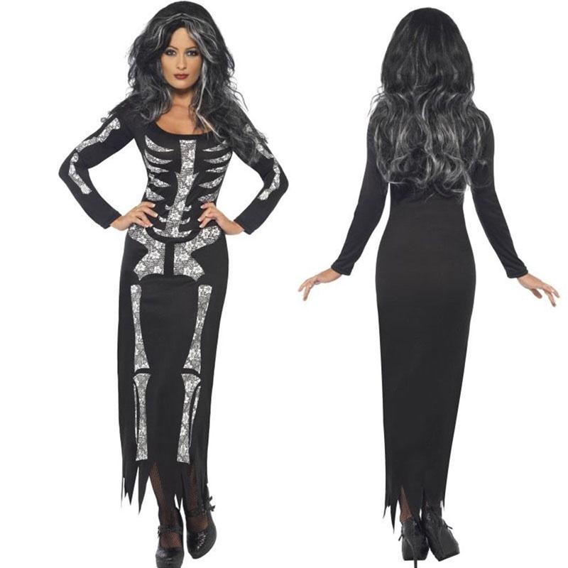 Plus Halloween Midnight Horror Vampire Skeleton Costume Long Fancy Dress Outfit For Spooky Events