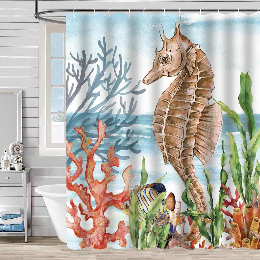 Coastal Marine Shower Curtain: Dolphin, Starfish, Seahorse, Seashell, Sea Turtle - Moisture-Proof, Mildew-Resistant, Waterproof, Beach Bathroom Décor