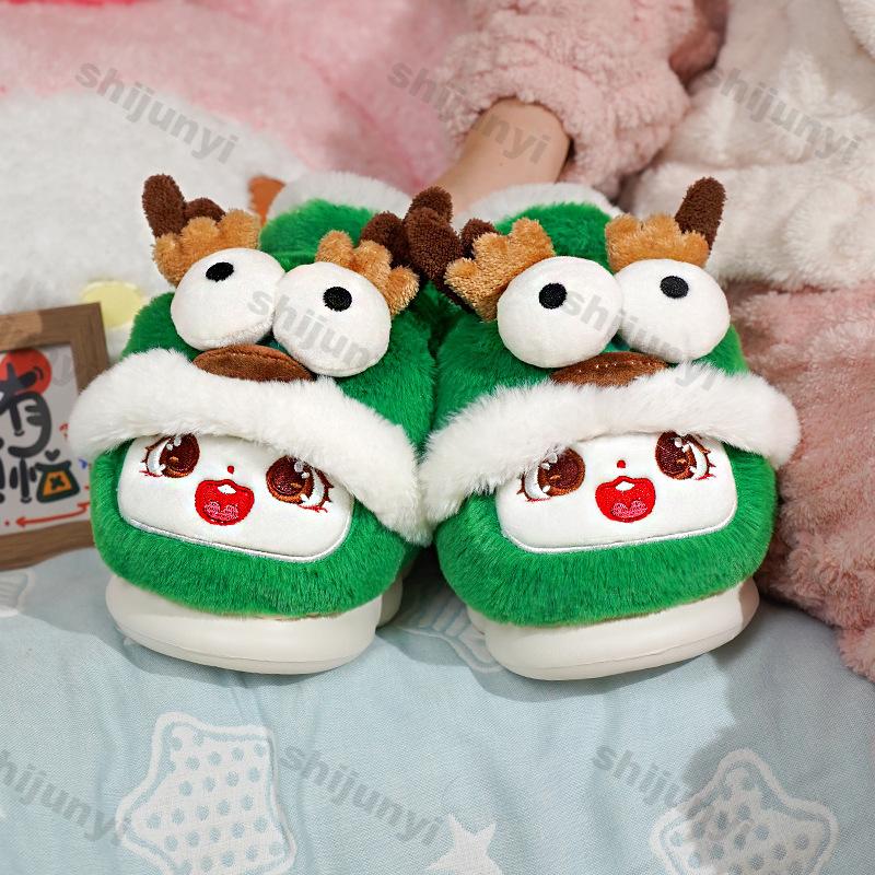 Modne Damskie Świąteczne Pluszowe Bawełniane Kapcie Zimowe Nowe Urocze Kreskówkowe Domowe Antypoślizgowe Kapcie z Miękką Podeszwą Ciepłe Puszyste Buty dla Par