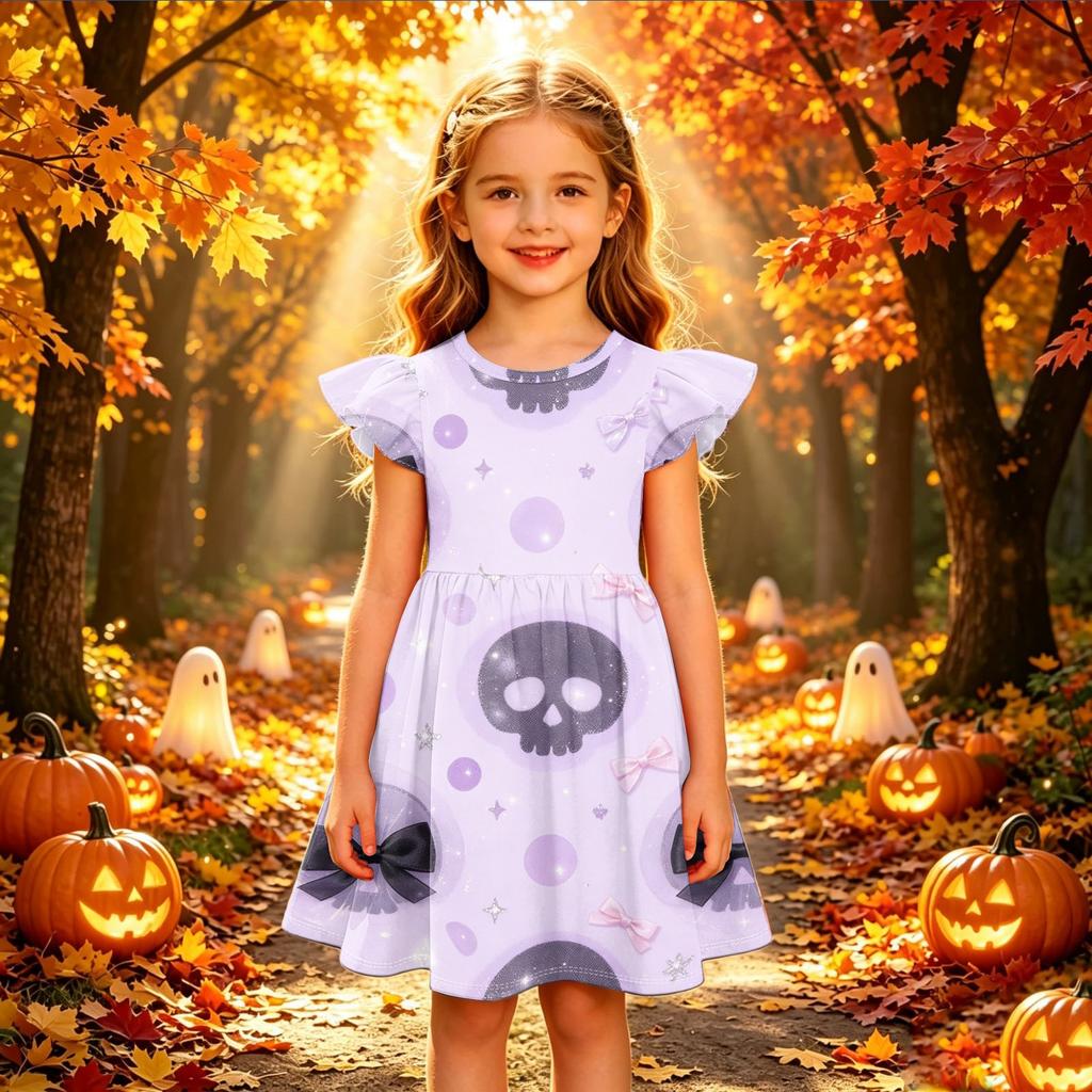 Kids Casual Halloween Printed Sleeve Dress for Party and Daily Wear