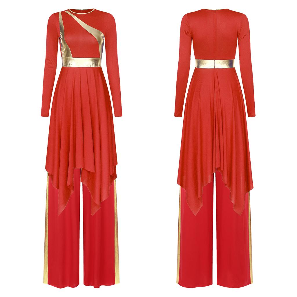 Women's Worship Dance Costume S-XXL: Round Neck Long Sleeve Metallic Shiny Patchwork Irregular Dress with Wide-Leg Pants for Church Performance