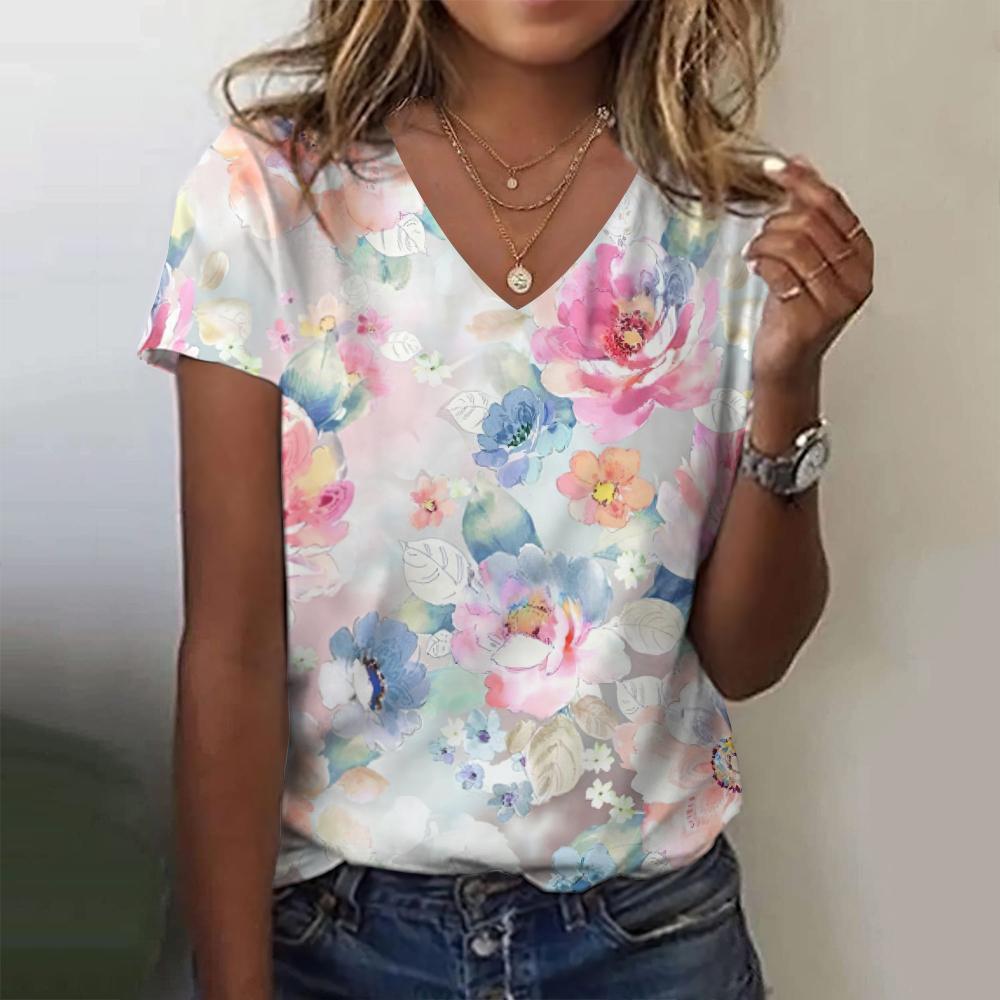 Women's Summer Floral Print 3D Printing T-shirt Women's Street Harajuku V-neck Top Oversized Clothing
