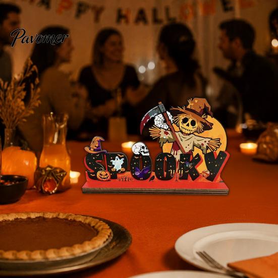 Halloween Room Tabletop Decor Pumpkin Haunted House Letter Ornament, Wooden Ornaments Spooky Festive Desk Decoration for Party Props Unique