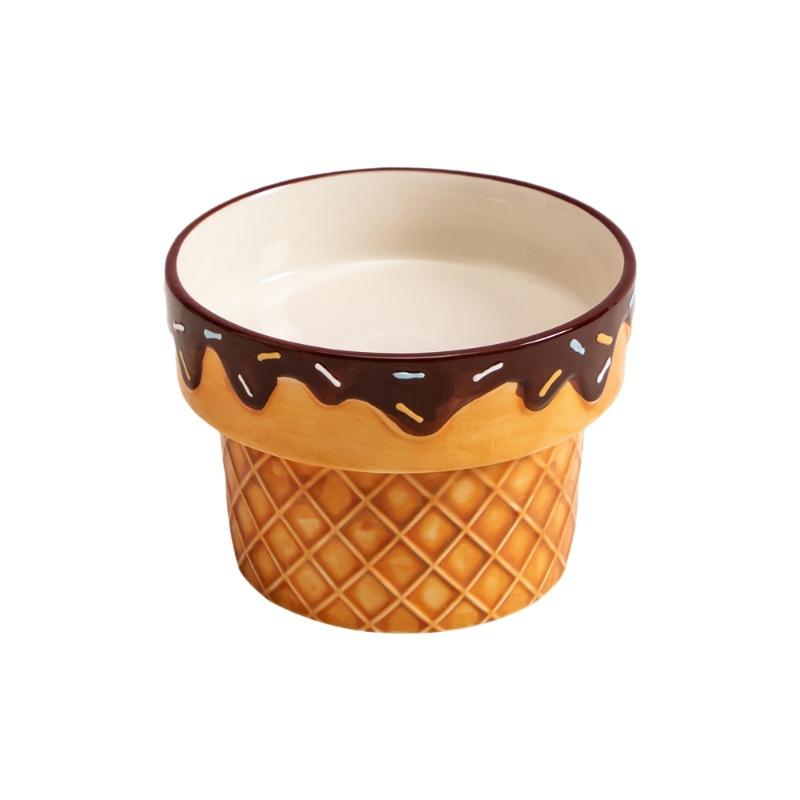 Creative Ceramic Drinking Water Food Bowls Anti Overturning Neck Protection Flat Mouth Ice Cream Pattern Cat Bowl, Supplies, 1Pc
