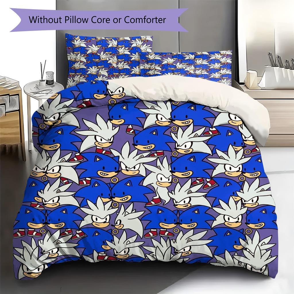 Hedgehog Sonic Pattern Bedding Quilt Set Quilt Cover Pillowcase Home Decoration Birthday Gift (1 * duvet cover + 2 * pillowcase, without core)