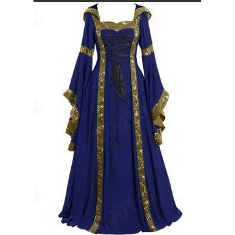 Cross-Border Foreign Trade Medieval Lace-up Tunic Dress Dark Blue S