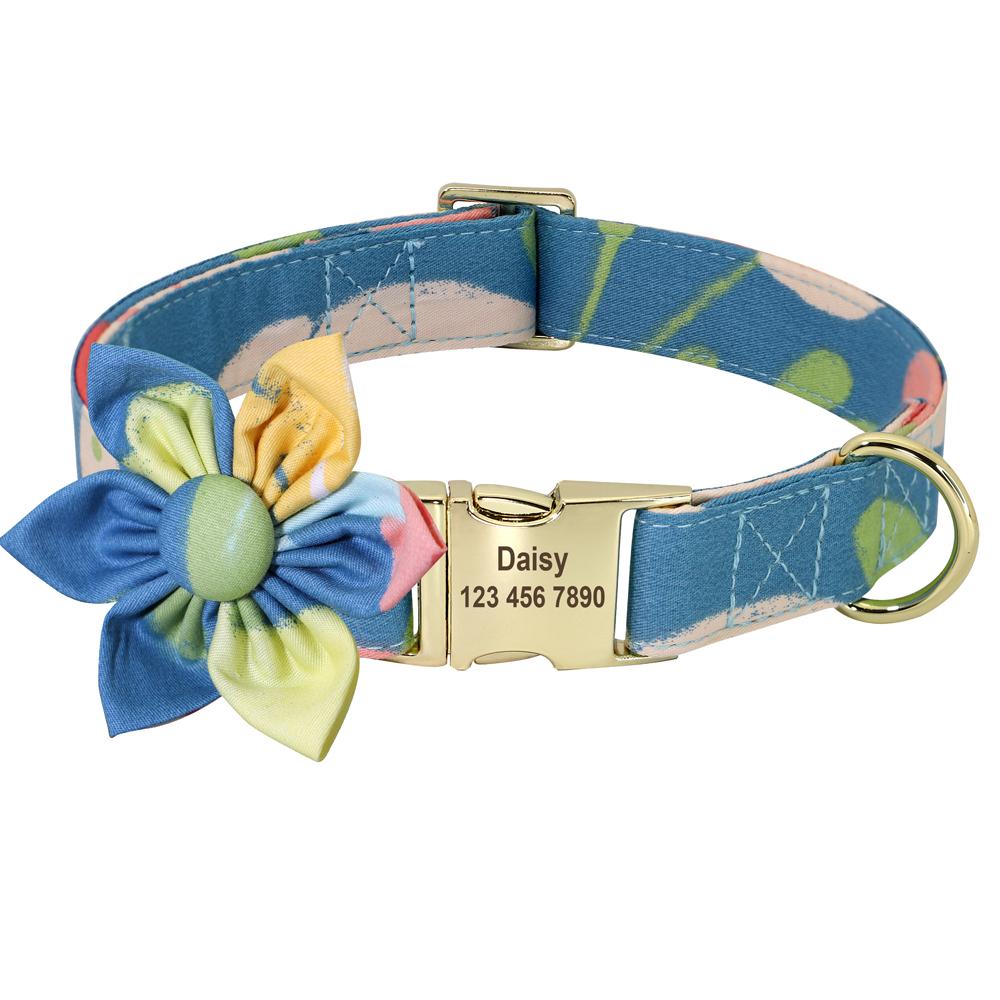Persoalized Dog Collar Flower Printed Nylon Dog ID Collars Free Engraved Nameplate For Small Medium Large Dogs Chihuahua Pug