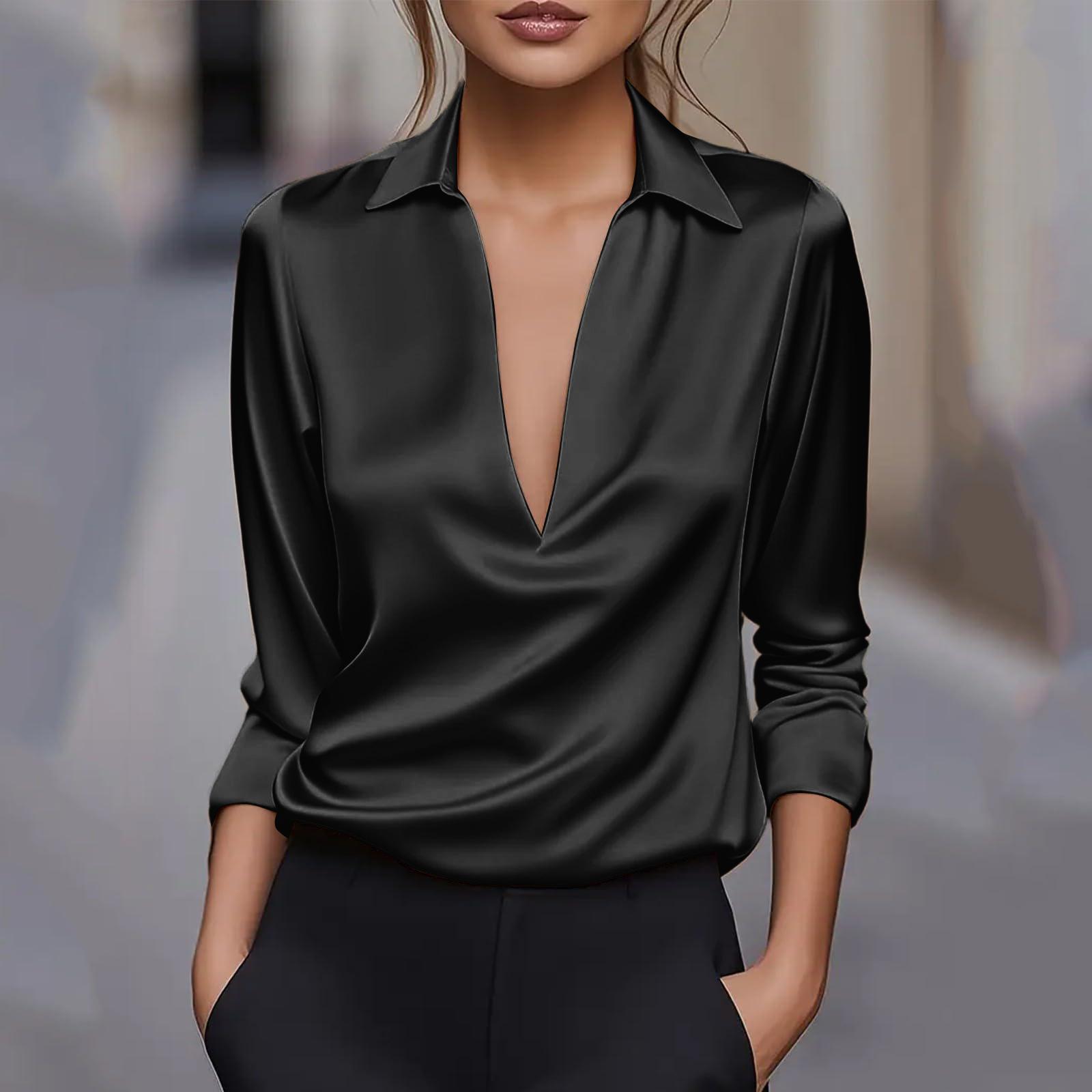 

Women s Solid Color Temperament, Solid Color V-neck Shirt, Long Sleeved Shirt Top L