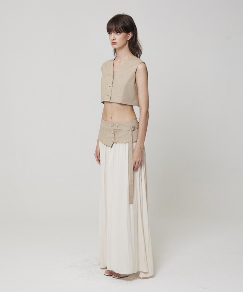 Meuameu Origami Crop Layered Chiffon Long Skirt