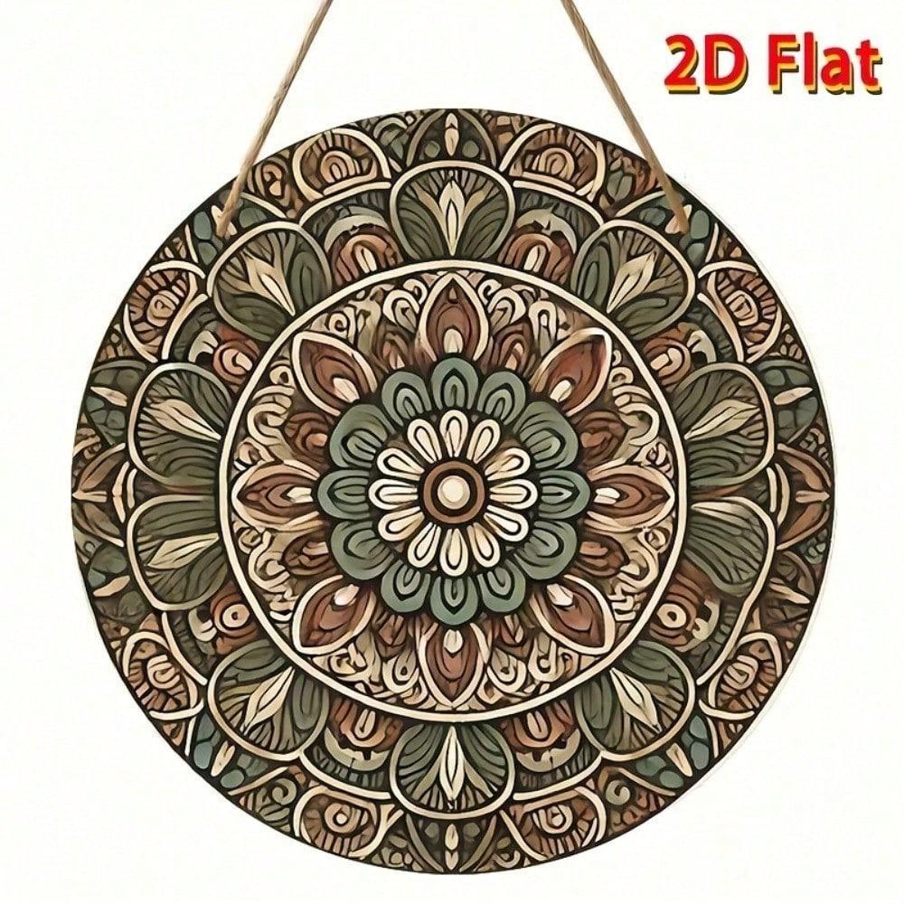 Vintage Mandala Metal Wall Art Round 7.87 Inch 2D Flat Floral Decorative Plate for Home Decor Green Brown Beige