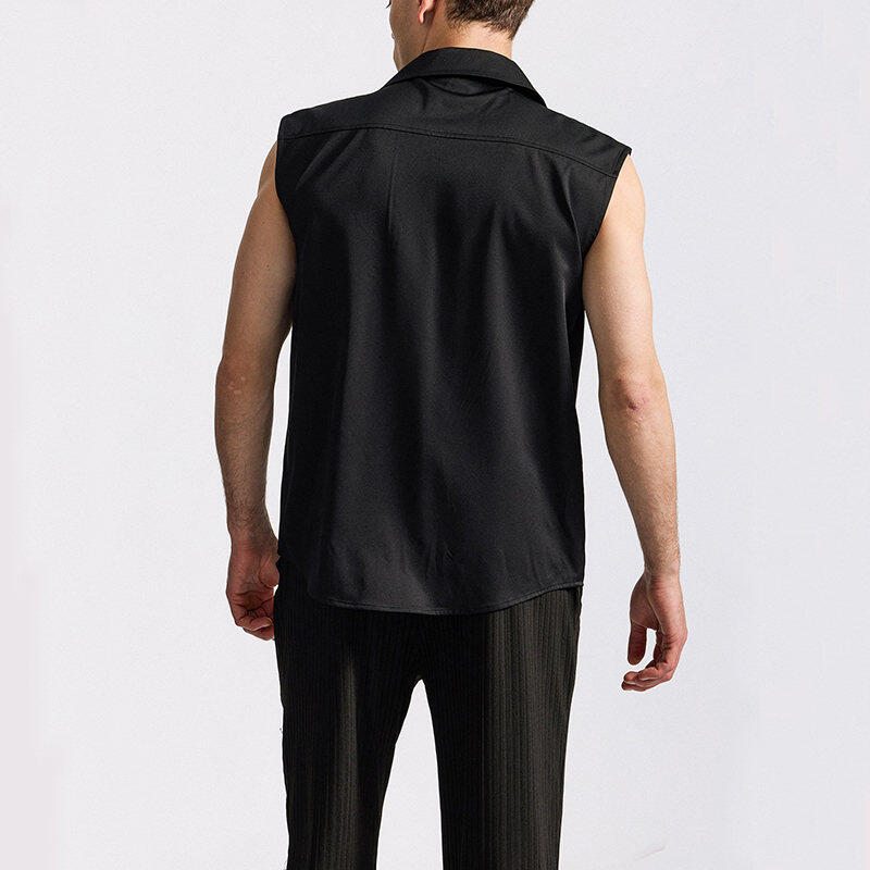 Men's Sleeveless White Shirt Summer Casual Breathable Collared Top Double Pocket Male Blouse