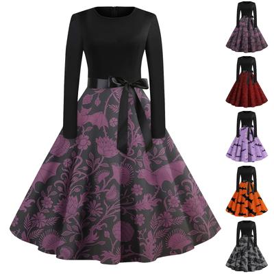 Halloween Dress For Women Vintage Printed Long Sleeve O Neck Plus Size Evening Prom Dresses