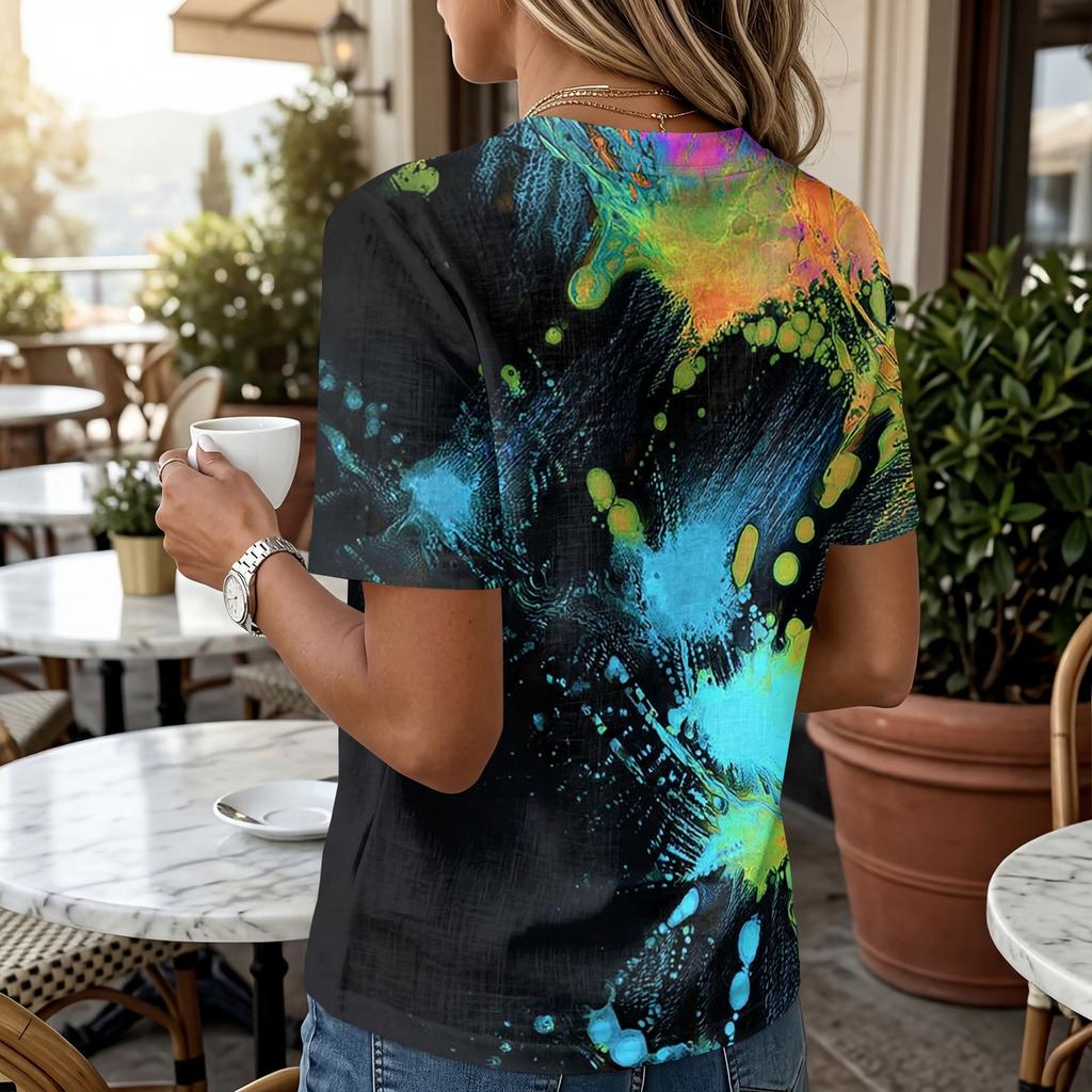 Women Short Sleeve Henley Shirt Button Neck Linen Cotton Blend Casual Printed Blouse Lightweight Summer Top