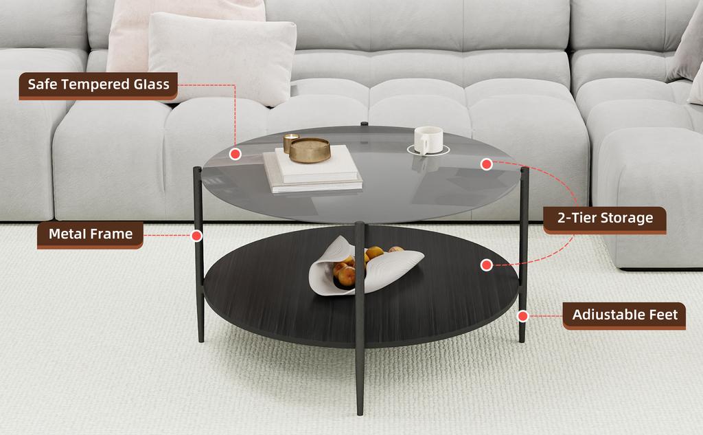 Moderner minimalistischer Wohnzimmer-Couchtisch, mit einer runden schwarzen Glasplatte, kombiniert mit einer schwarzen Holzunterschicht, schön und praktisch.