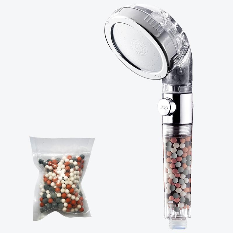3 Modes Adjustable High Pressure Shower Head SPA Shower Water Saving Filter Balls Replaceable Switch Button One Key Stop Shower