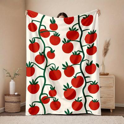 1pc Tomato Print Flannel Blanket - Red/Green Stem, All-Season Adult Sofa/Bed/Travel/Camping Bedding