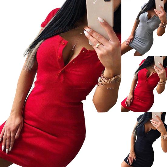 Sexy ženy, krátký rukáv, výstřih, výstřih, hrudník, knoflíky, žebrované bodycon pletené minišaty