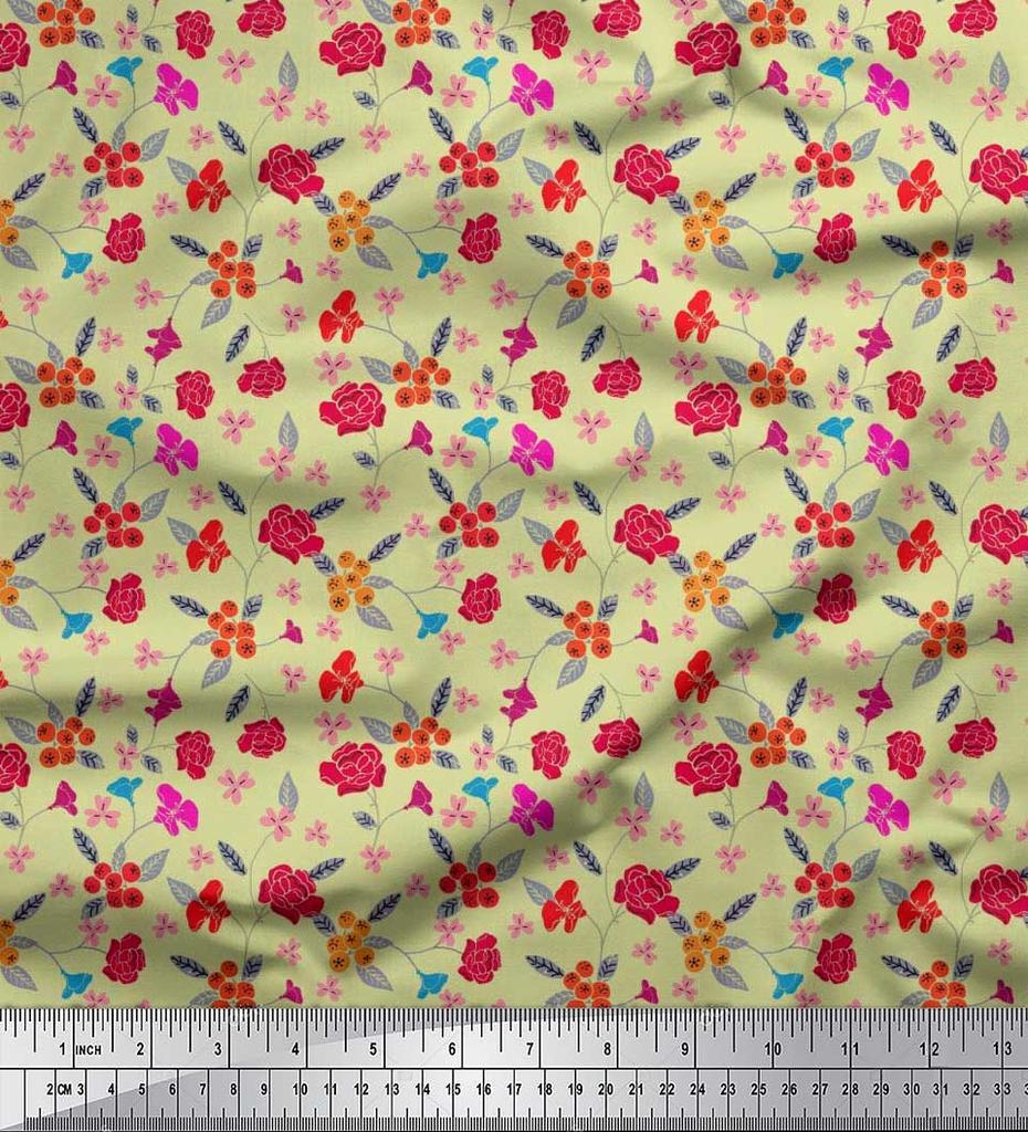 Soimoi Japan Crepe Satin Fabric Berries,Leaves & Floral Artistic Print Fabric by the Metre 42 Inch