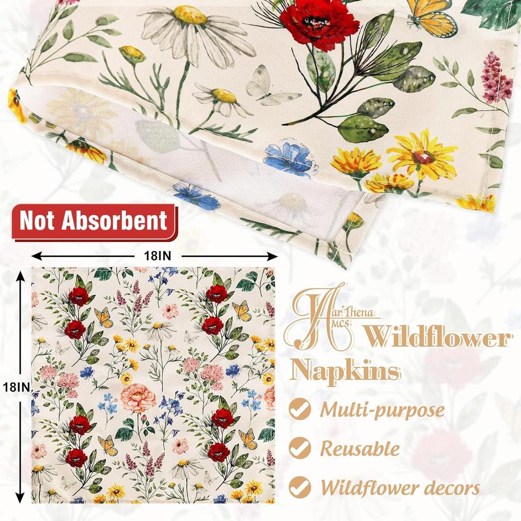 Wildfloral Cloth Napkin Vintage Wildflower Dinner Napkin Reble Kitchen Table Top Collection for Farmhouse Party Dining Table Decor, Set of 4, 18 x 18