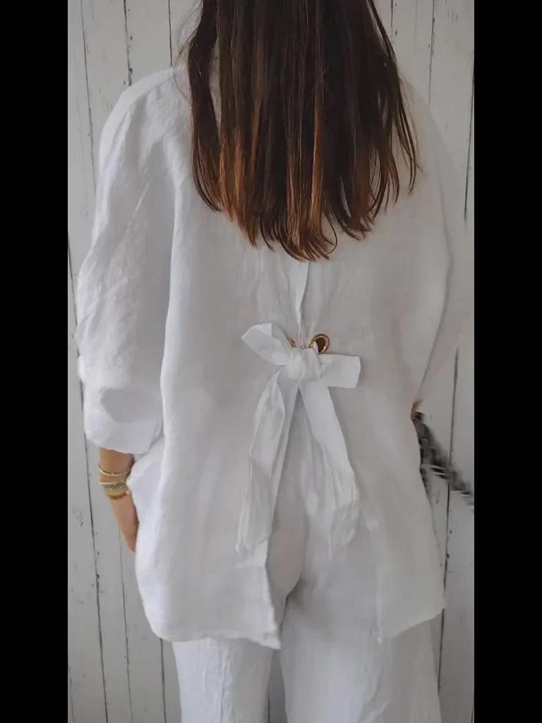 Cămașă de primăvară din bumbac și in 2024 cu model de legături la spate