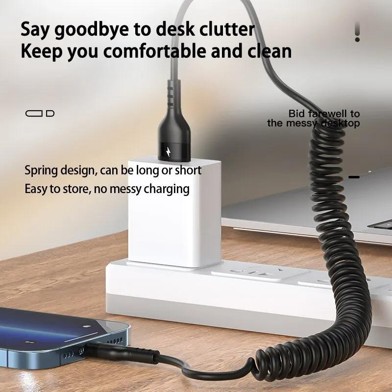Car USB Type C/Type C to Type C/USB LIGHTNING Fast Charging Spring Telescopic Cable For iPhone 16 15 14 Samsung Xiaomi OnePlus