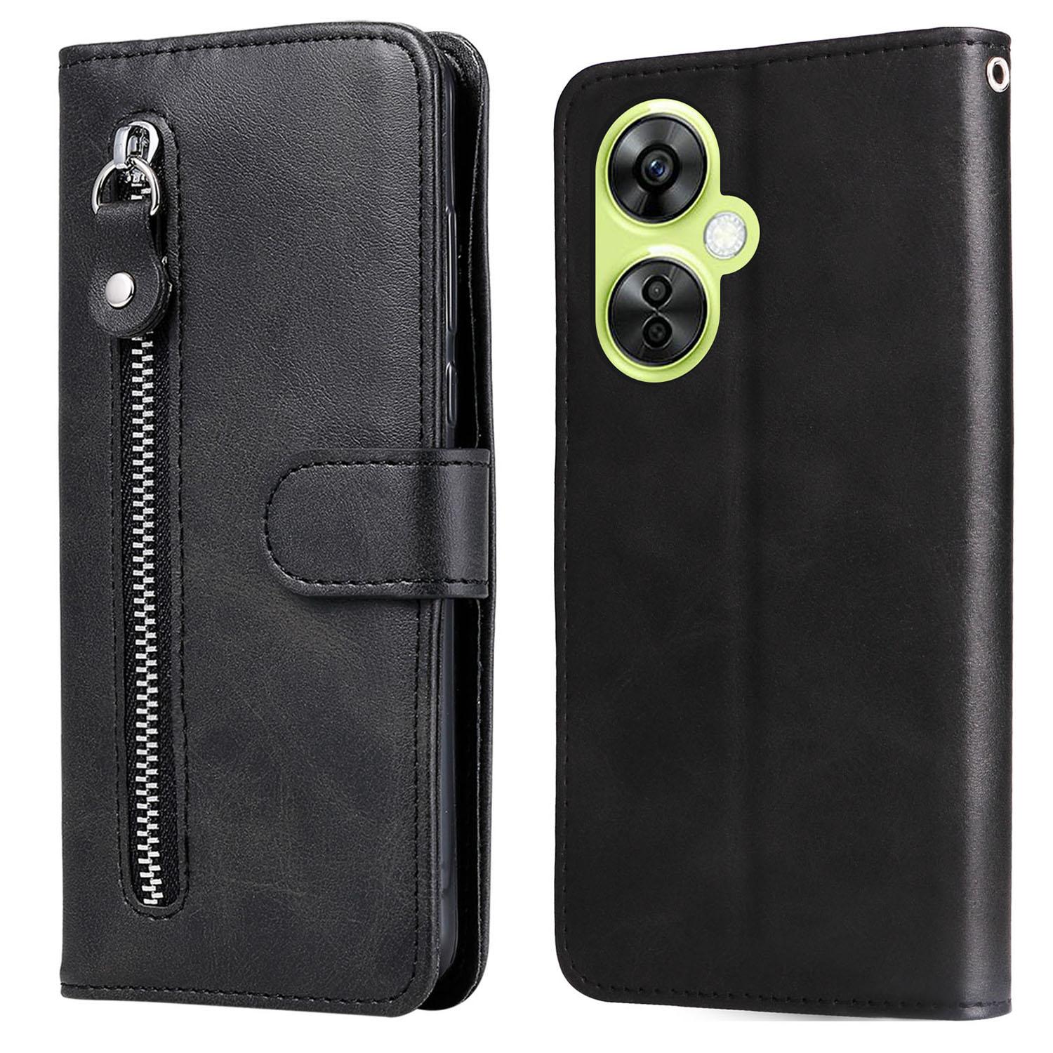 

For OnePlus Nord CE 3 Lite 5G/N30 5G/Oppo K11x 5G Calf Texture Shockproof Case Zipper Pocket Wallet Stand Smartphone Cover Black