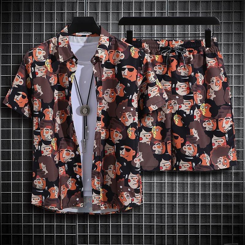 Set Camicia a Maniche Corte con Stampa Hawaiana alla Moda Uomo Abito Due Pezzi