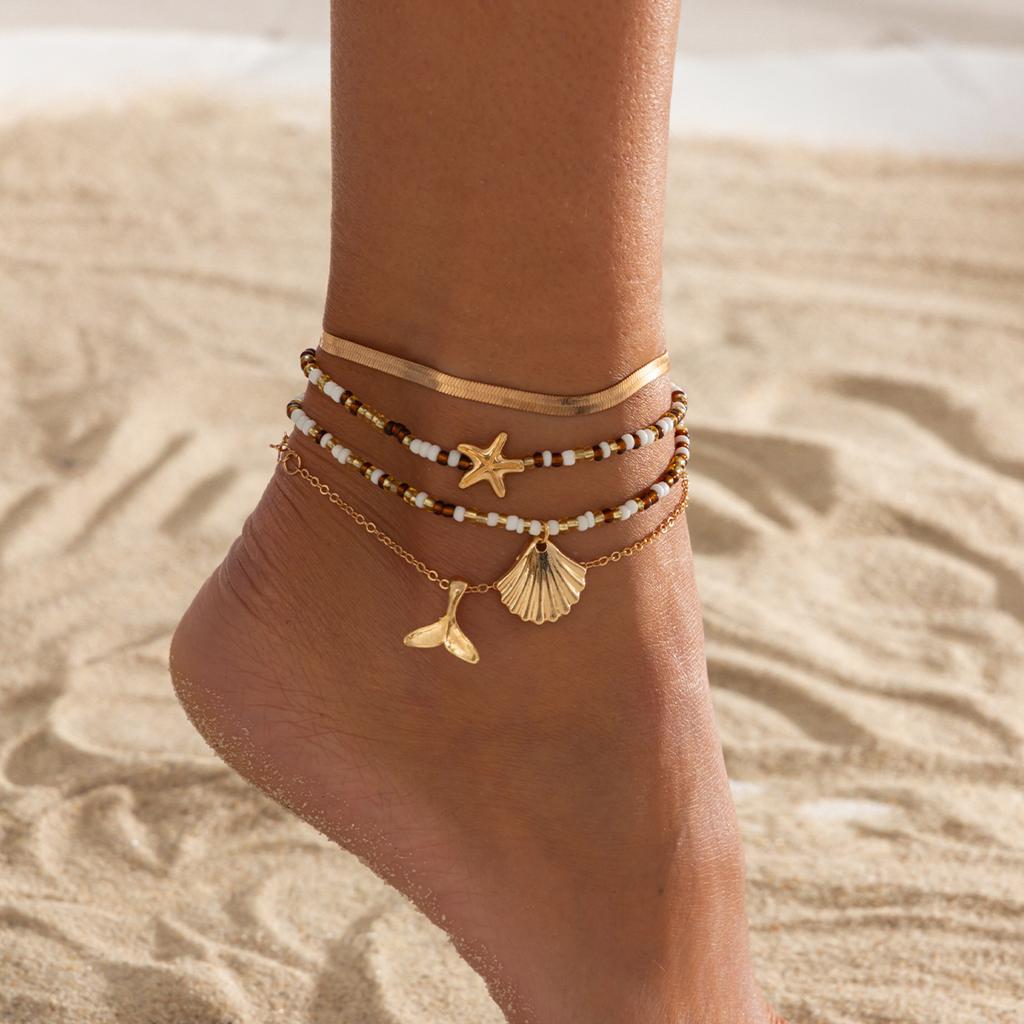 Ingemark Exquisite Fishtail Scallop Starfish Pendent Anklet Chain Women Summer Beach Vacation Rice Beads Feet Chain New Jewelry