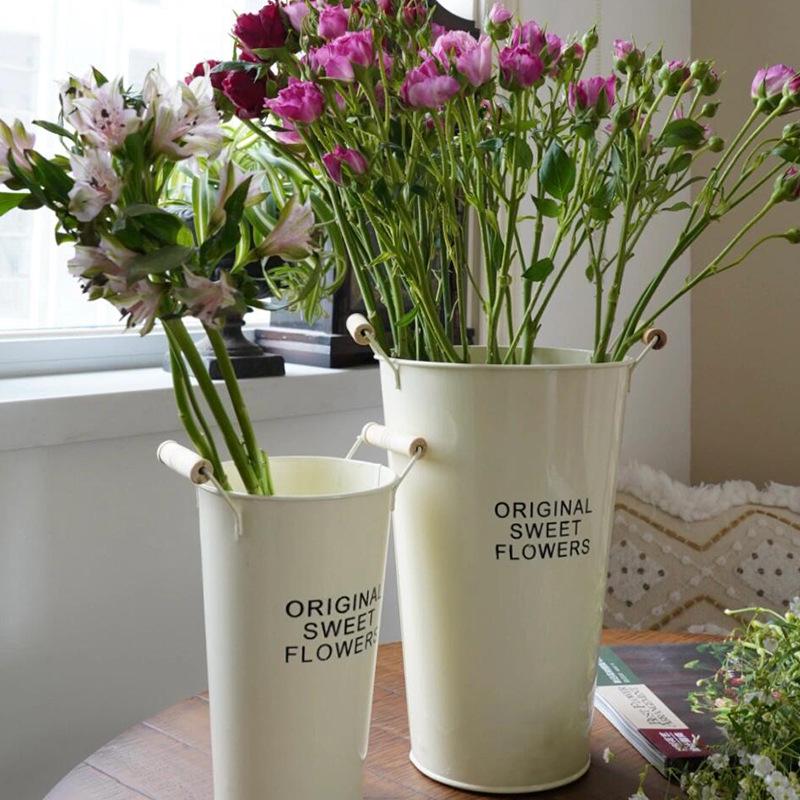 White Tin Flower Bucket for Fresh Blooms - Large Iron Vase for Flower Arranging & Deep Water Care