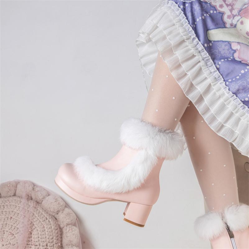 FOREADA Women Kawaii Ankle Boots Round Toe Thick Mid Heels Zipper Cosplay Lolita Short Boots Ladies Fashion Shoes Winter White 46