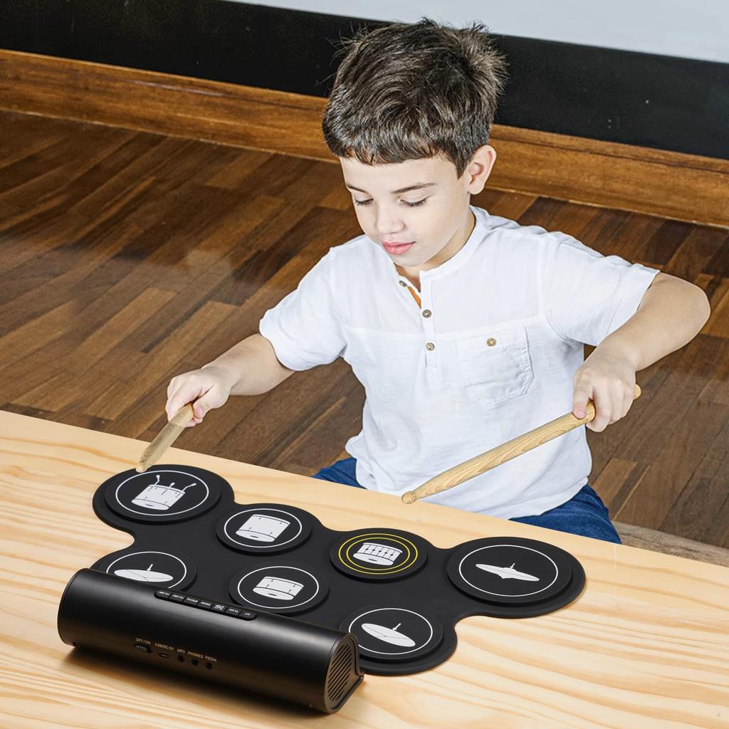 POGOLAB Electronic Drum Set, 7-Pad Drum Kit with Bluetooth, Roll-Up Drums, Practice Pad, MIDI Drum Kit, Built-in Speaker, Rechargeable Drums, Foot