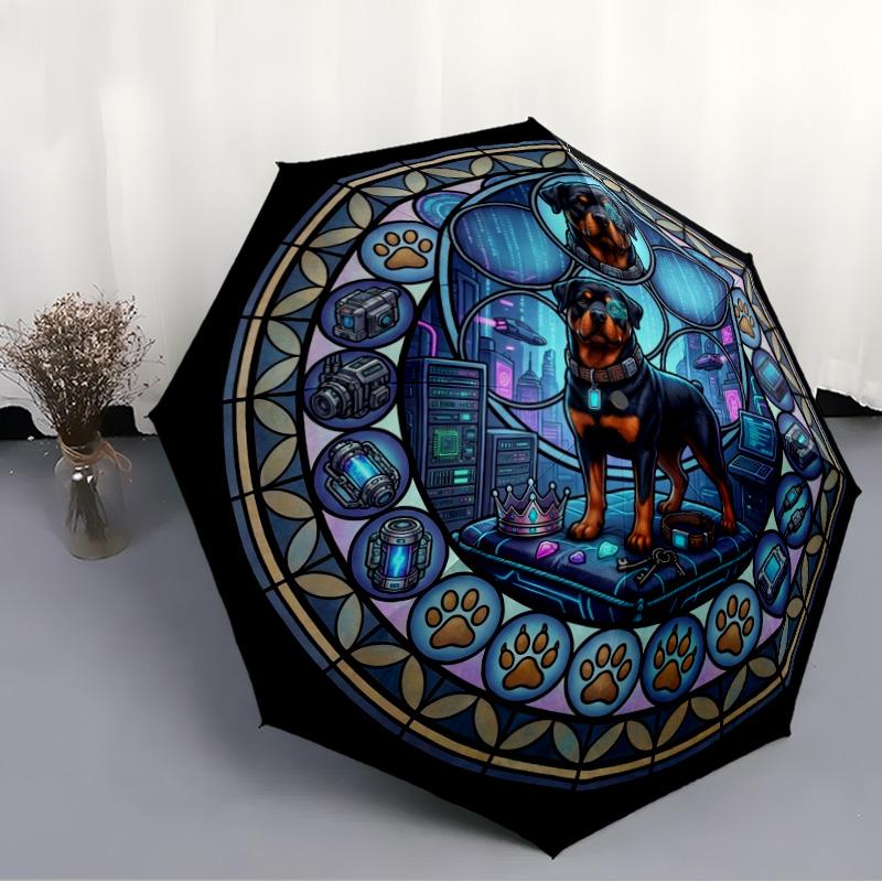 Cybernetic Canine Crown pattern umbrella, portable and foldable design, 8 ribs, a casual accessory for Halloween, Christmas, and birthday gifts.