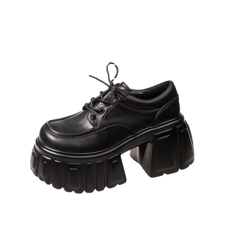 Super Thick-soled Heeled Lace-up Single Shoes Women's Spring and Autumn Muffin Round Head Shoes Small Leather Shoes