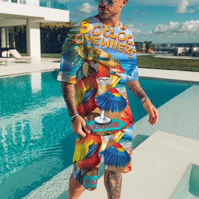Summer Tribal Printed Men's T-shirt Set Round Neck T-shirts 2 Piece