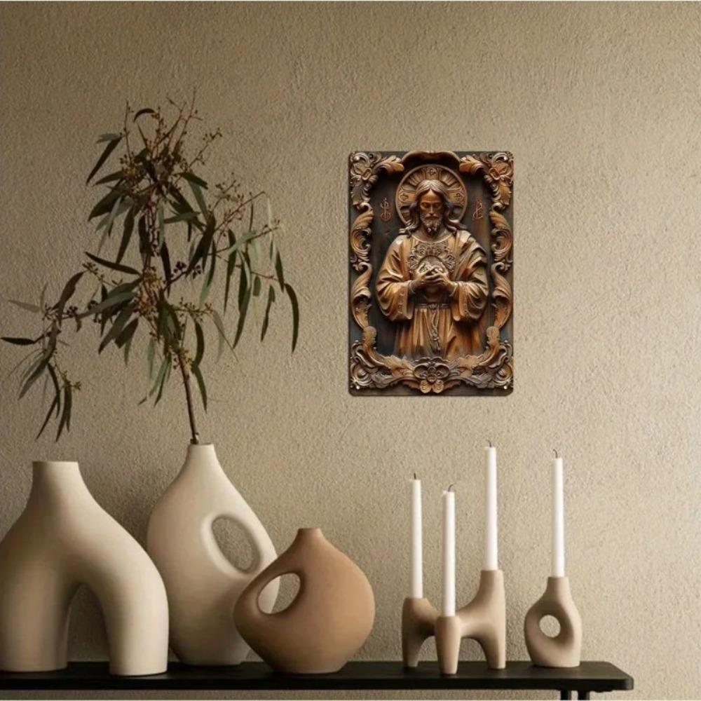 HDWoodImitate 1pc 2D Flat Aluminum Sign - HD Printing Saint Statue, Imitation Wood Carving Living Room/Club Decor