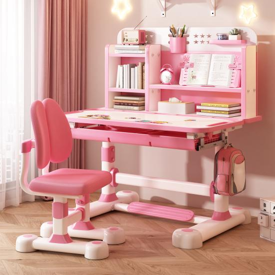 2Pcs/Set Kids Study Desk Chair Set, Height Adjustable Children School Study Table Chair Set with Sitting Corrector, Ergonomic Desk Chair with Book